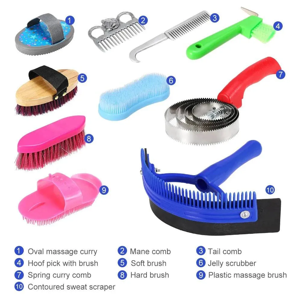 10pcs Horse Cleaning Kit Horse Grooming Tool Set Mane Tail Comb Massage Curry Brush Sweat Scraper Hoof Pick Curry Comb Scrubber