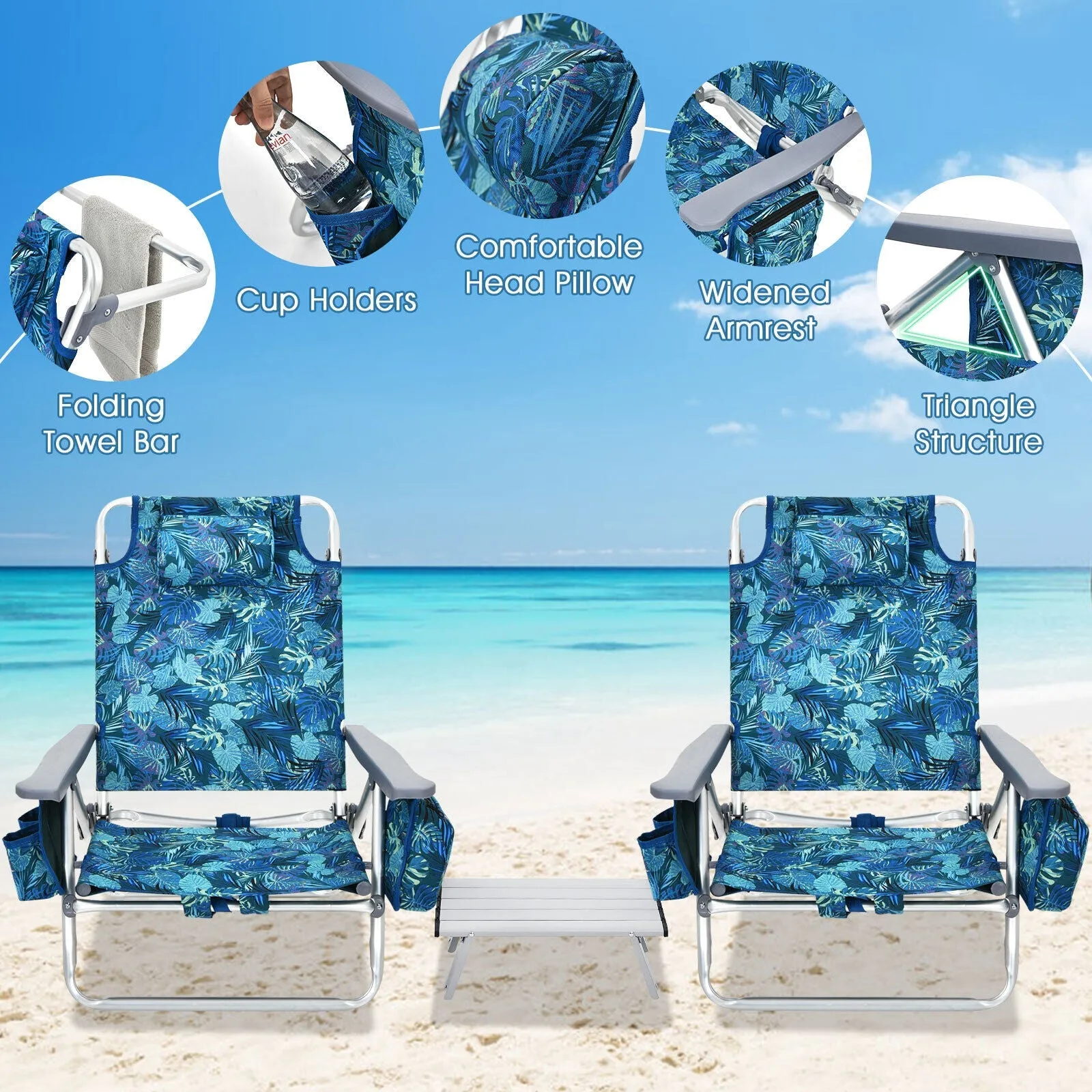 2 Packs 5-Position Outdoor Folding Backpack Beach Table and  Reclining Chair Set-Multicolor