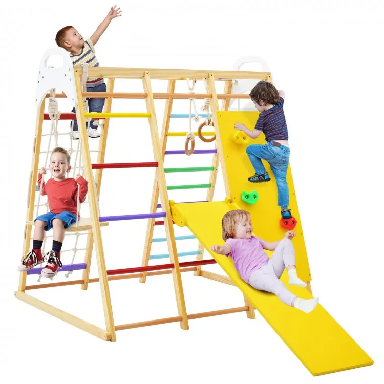 8-in-1 Indoor Wooden Jungle Gym Playset with Monkey Bars