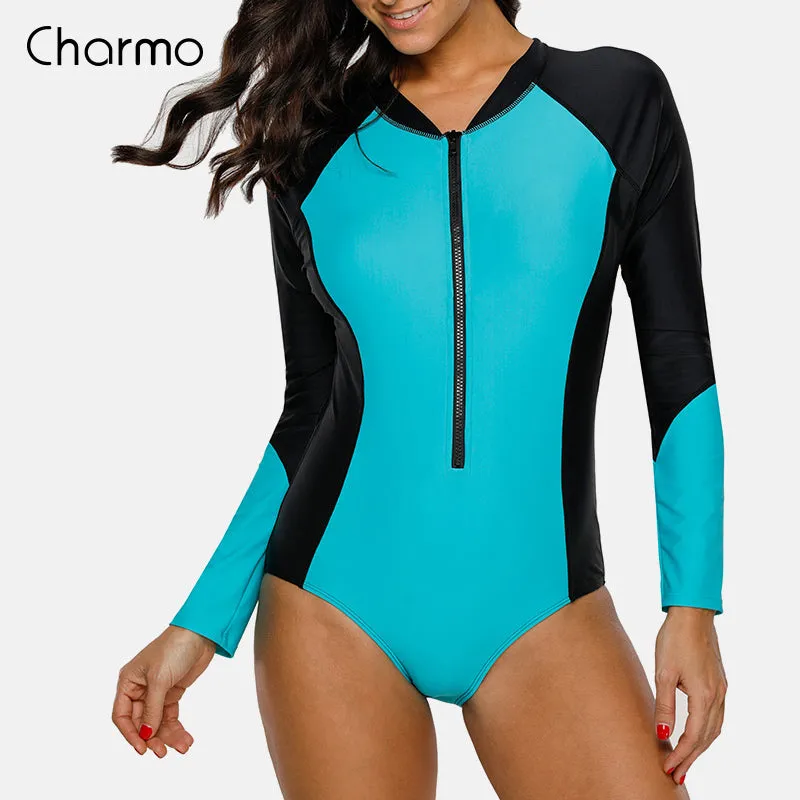 CHARMO  Women's One Piece Long Sleeve Swimsuit UPF50 Rashguard