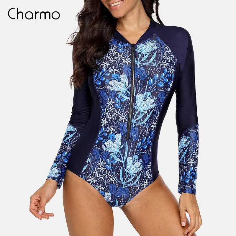 CHARMO  Women's One Piece Long Sleeve Swimsuit UPF50 Rashguard