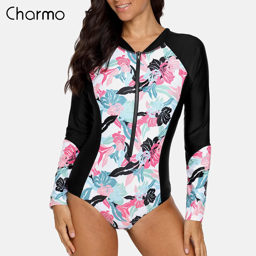 CHARMO  Women's One Piece Long Sleeve Swimsuit UPF50 Rashguard