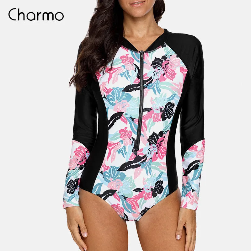 CHARMO  Women's One Piece Long Sleeve Swimsuit UPF50 Rashguard