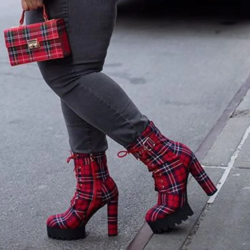 Chunky Red Plaid Boots