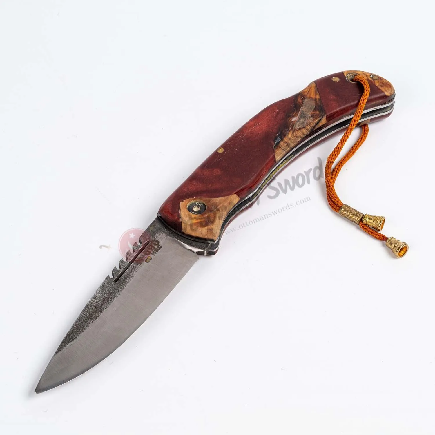 Epoxy Burgundy Handle Folding Knife and Leather Sheath