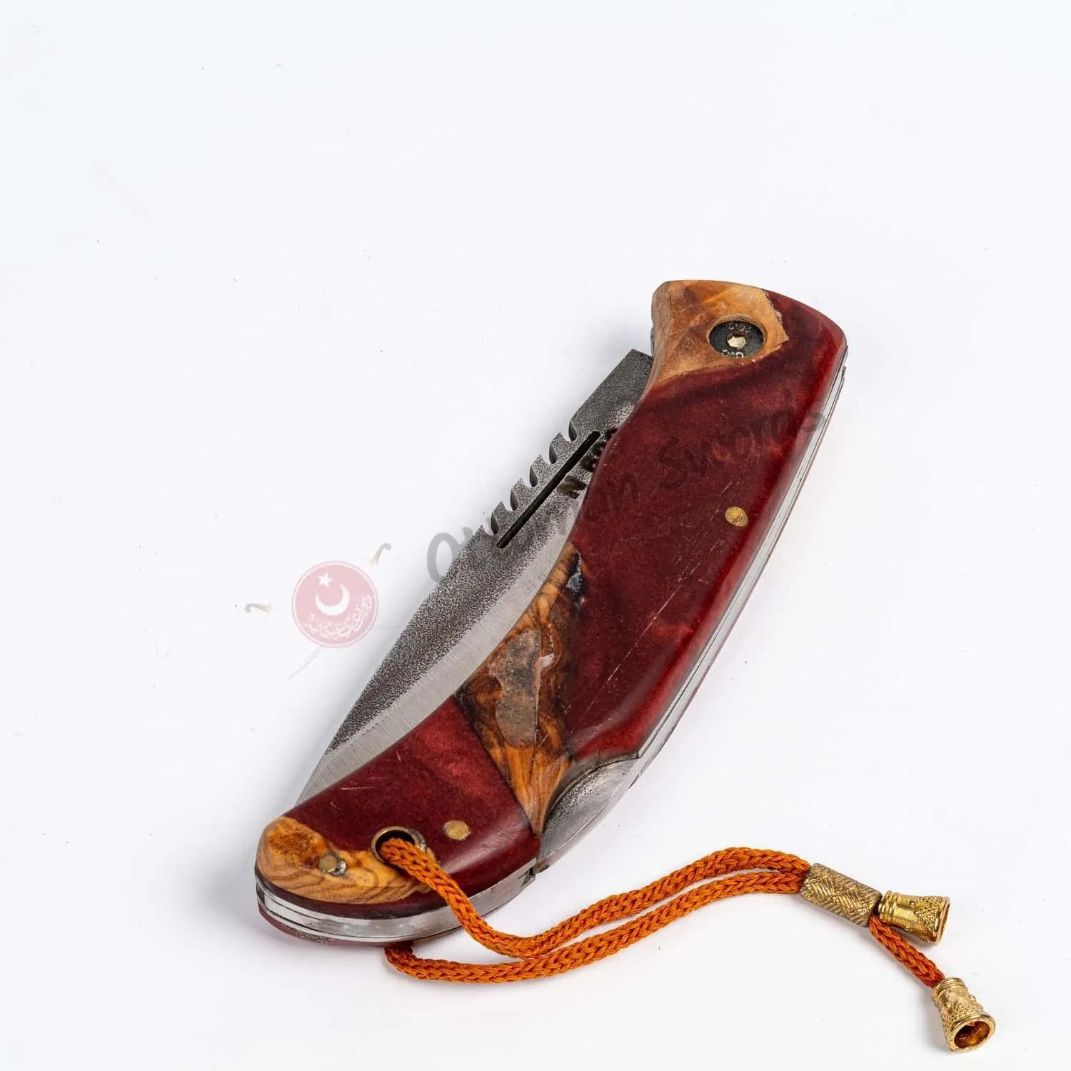 Epoxy Burgundy Handle Folding Knife and Leather Sheath