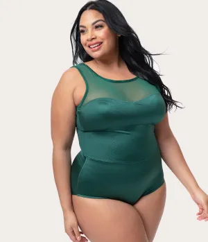 Esther Williams Plus Size Vintage Style Emerald Green Mesh One Piece Swimsuit