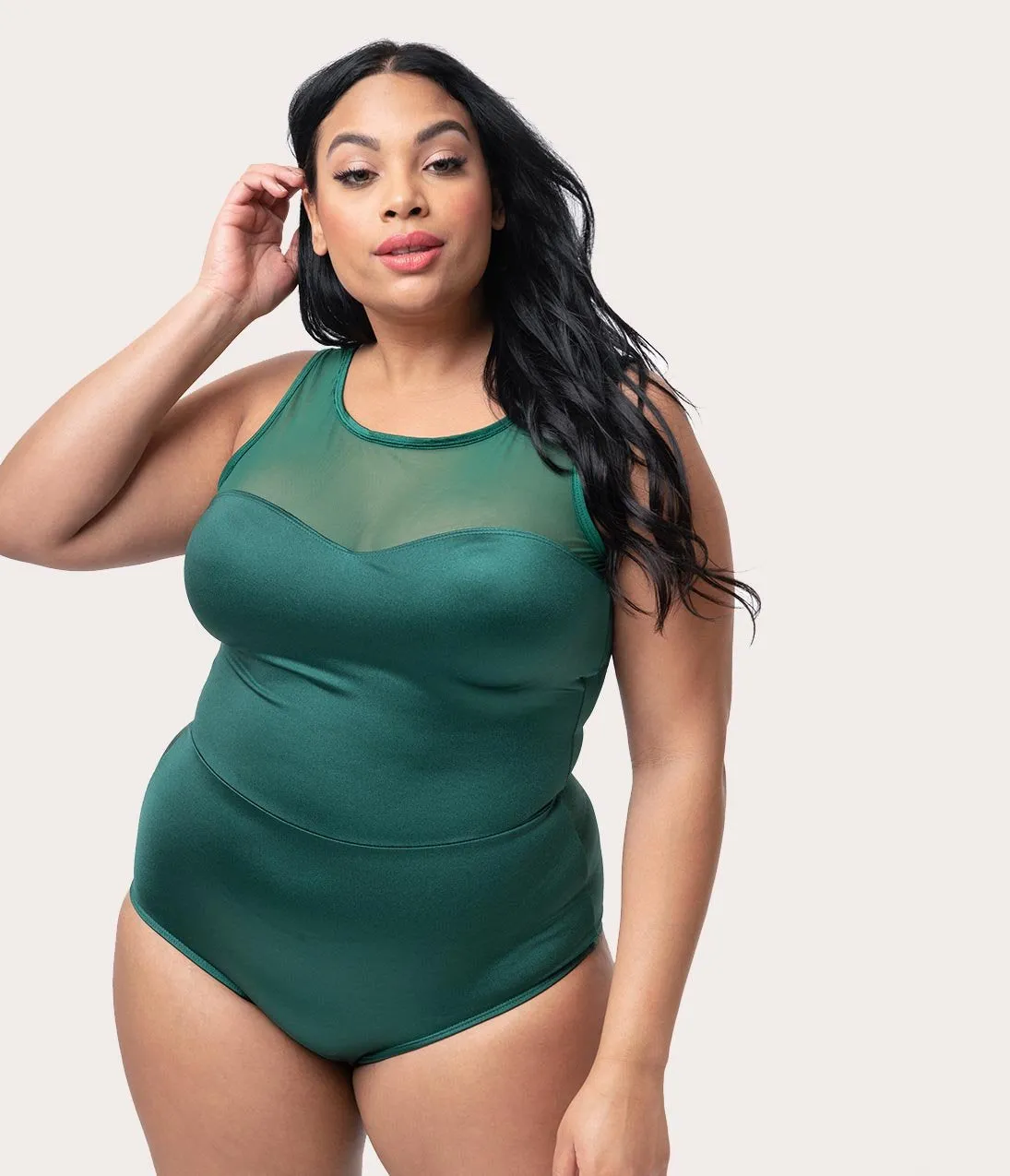 Esther Williams Plus Size Vintage Style Emerald Green Mesh One Piece Swimsuit