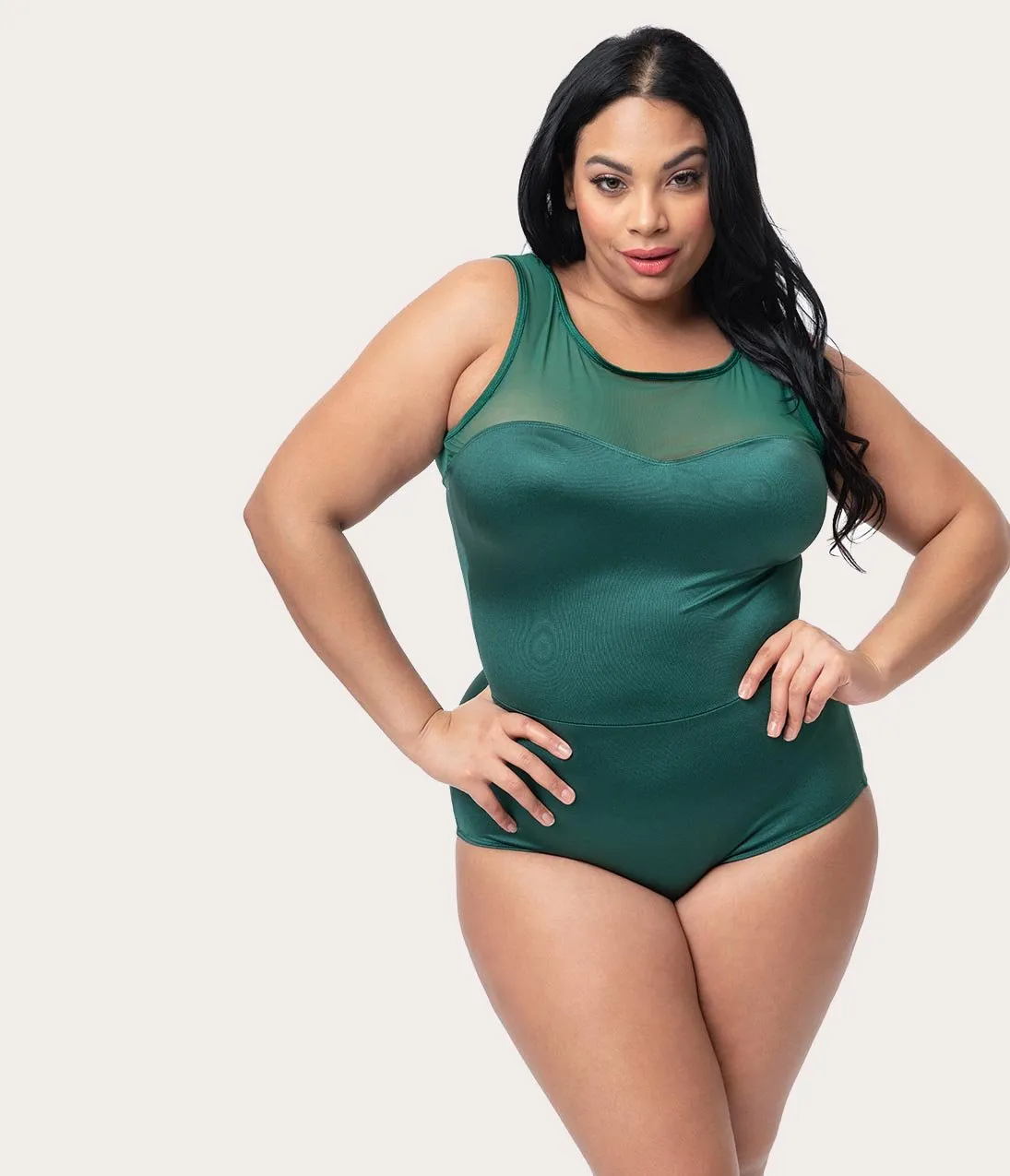 Esther Williams Plus Size Vintage Style Emerald Green Mesh One Piece Swimsuit