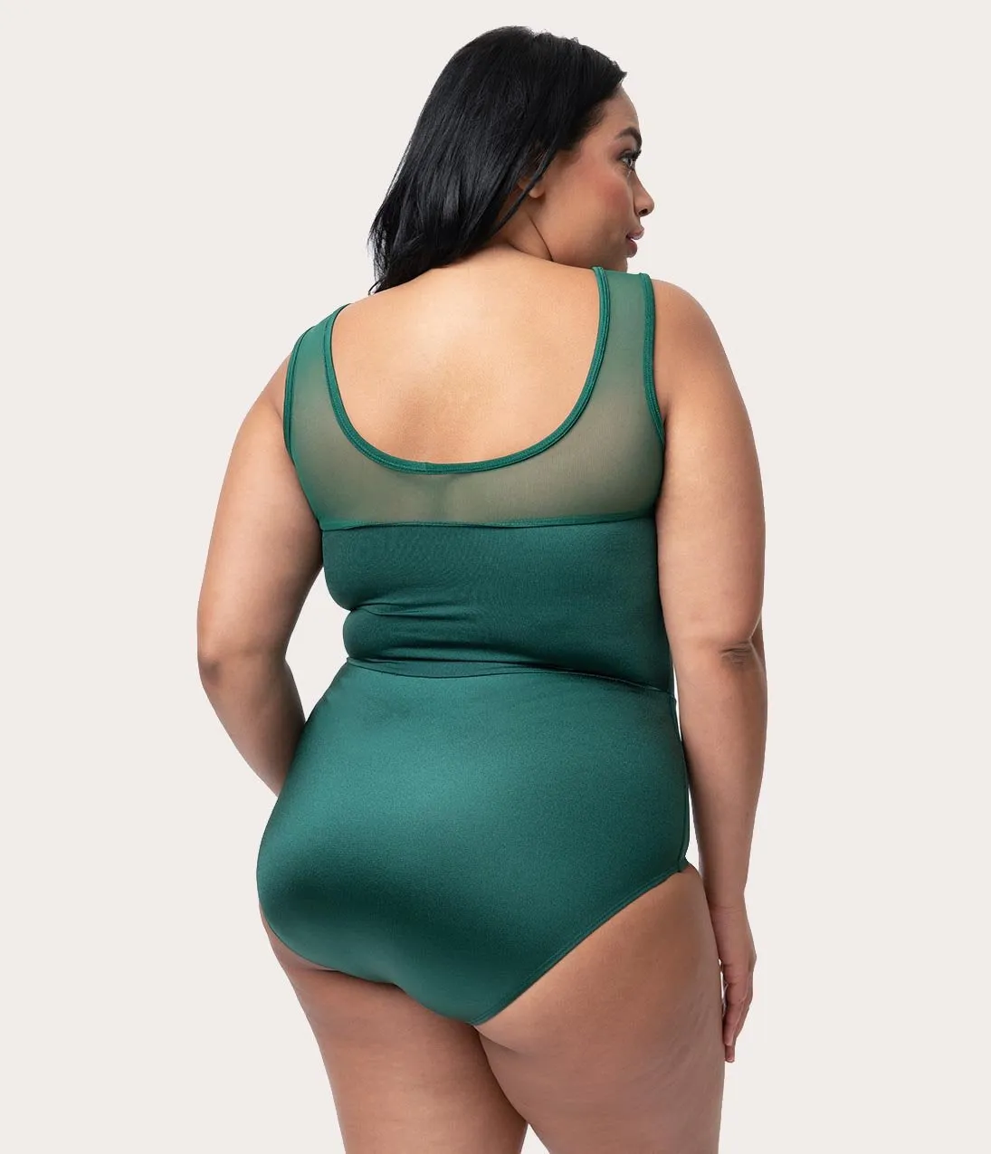 Esther Williams Plus Size Vintage Style Emerald Green Mesh One Piece Swimsuit