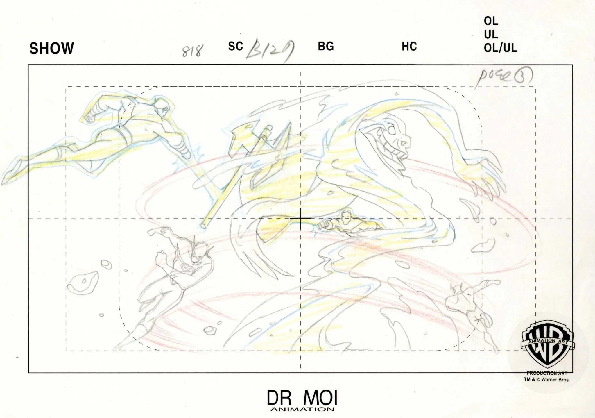 Justice League Original Production Drawing: Flash, Green Lantern, and Clayface