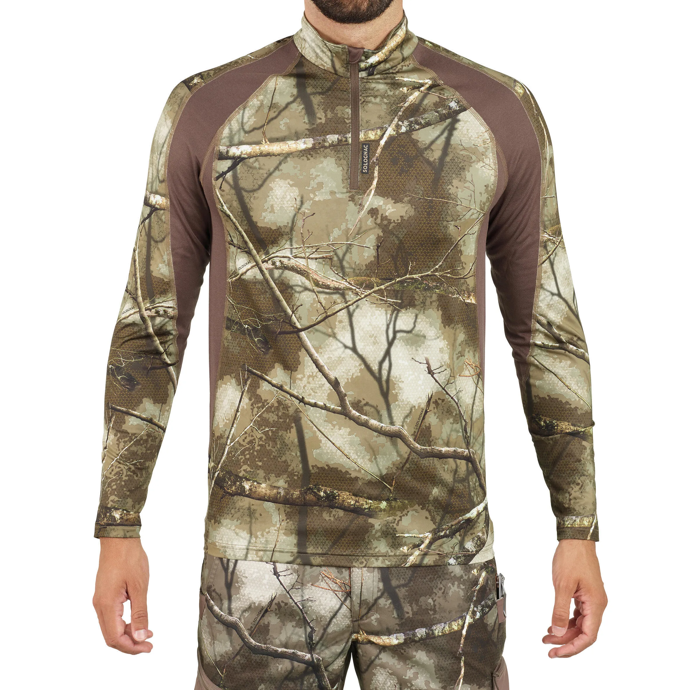 Long sleeve shirt 500 TREEMETIC quiet, breathable, camouflage SOLOGNAC camouflage/coffee brown