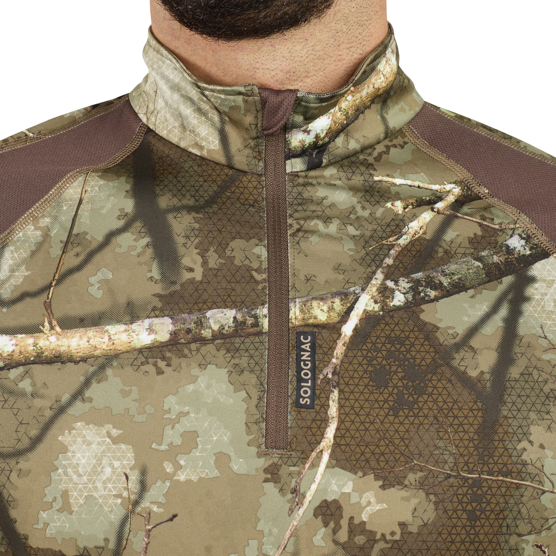 Long sleeve shirt 500 TREEMETIC quiet, breathable, camouflage SOLOGNAC camouflage/coffee brown