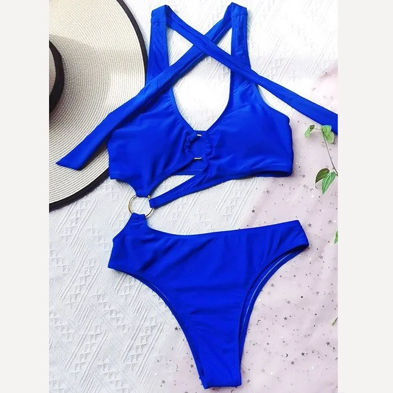 One-Piece Halter Bikini Swimsuits with Metal Ring Cut Out