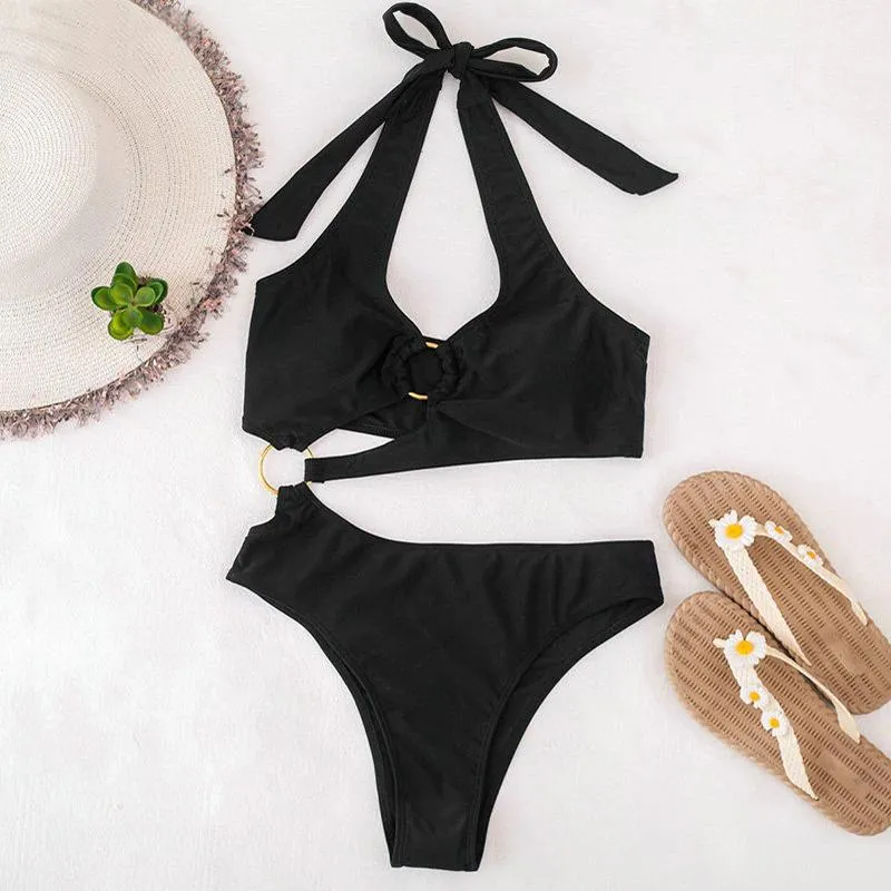 One-Piece Halter Bikini Swimsuits with Metal Ring Cut Out