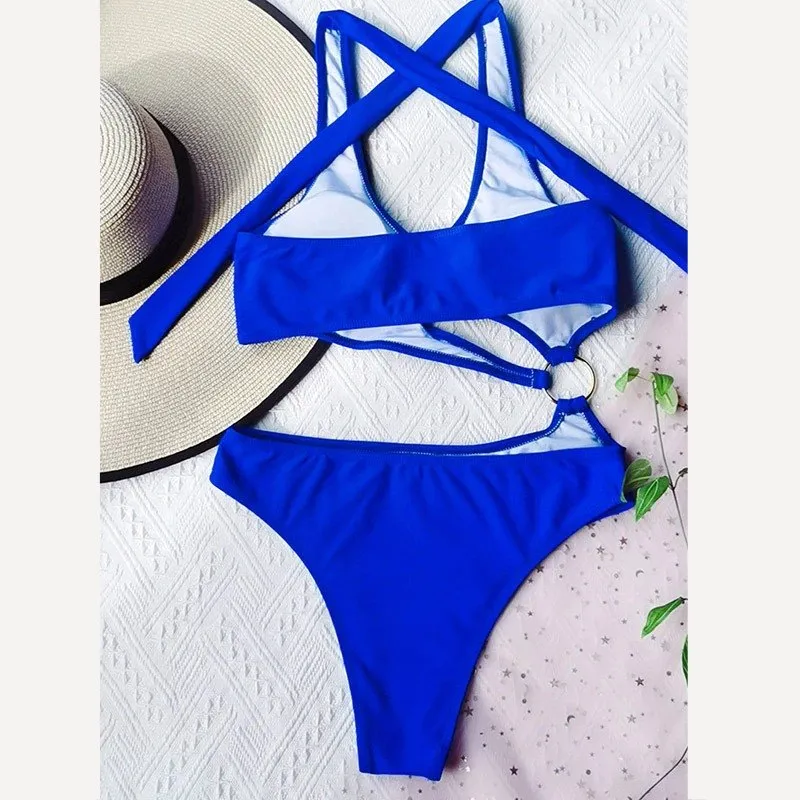 One-Piece Halter Bikini Swimsuits with Metal Ring Cut Out