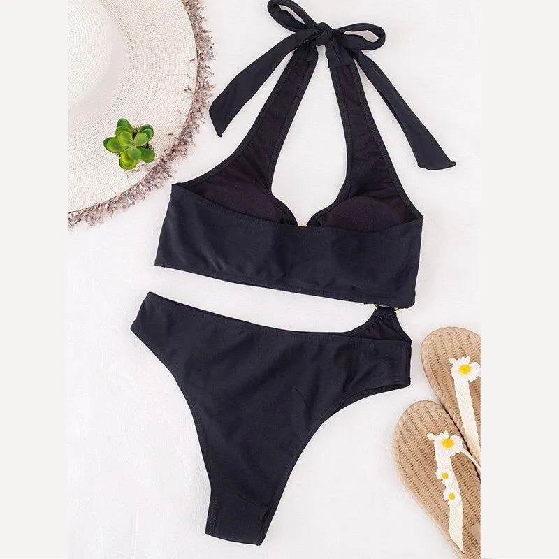 One-Piece Halter Bikini Swimsuits with Metal Ring Cut Out