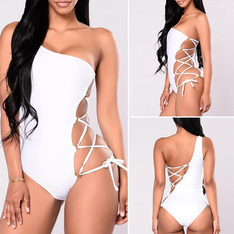 One Shoulder Side Cut Out Lace One Piece Swimsuits