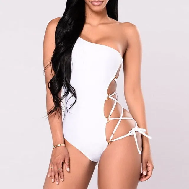 One Shoulder Side Cut Out Lace One Piece Swimsuits