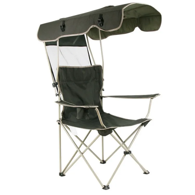 Outdoor Sun Protection Folding Chair Multifunctional Portable Fishing Beach Lounge Chair  With Sunshade Aluminum Folding Chair(Dark Green)