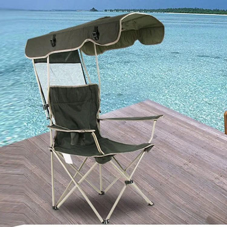 Outdoor Sun Protection Folding Chair Multifunctional Portable Fishing Beach Lounge Chair  With Sunshade Aluminum Folding Chair(Dark Green)