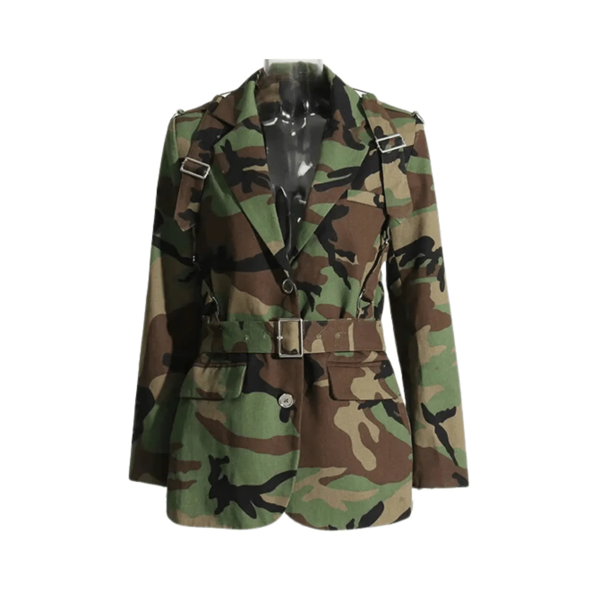 Pre Order:  Camouflage Single-Breasted Belted Blazer