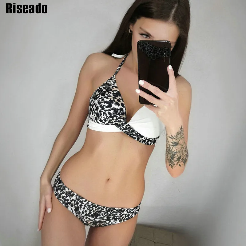 RISEADO  Halter Push-up Top Bikini Swimsuit Set with Tropical Leaf Print for Women