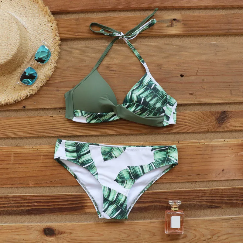 RISEADO  Halter Push-up Top Bikini Swimsuit Set with Tropical Leaf Print for Women