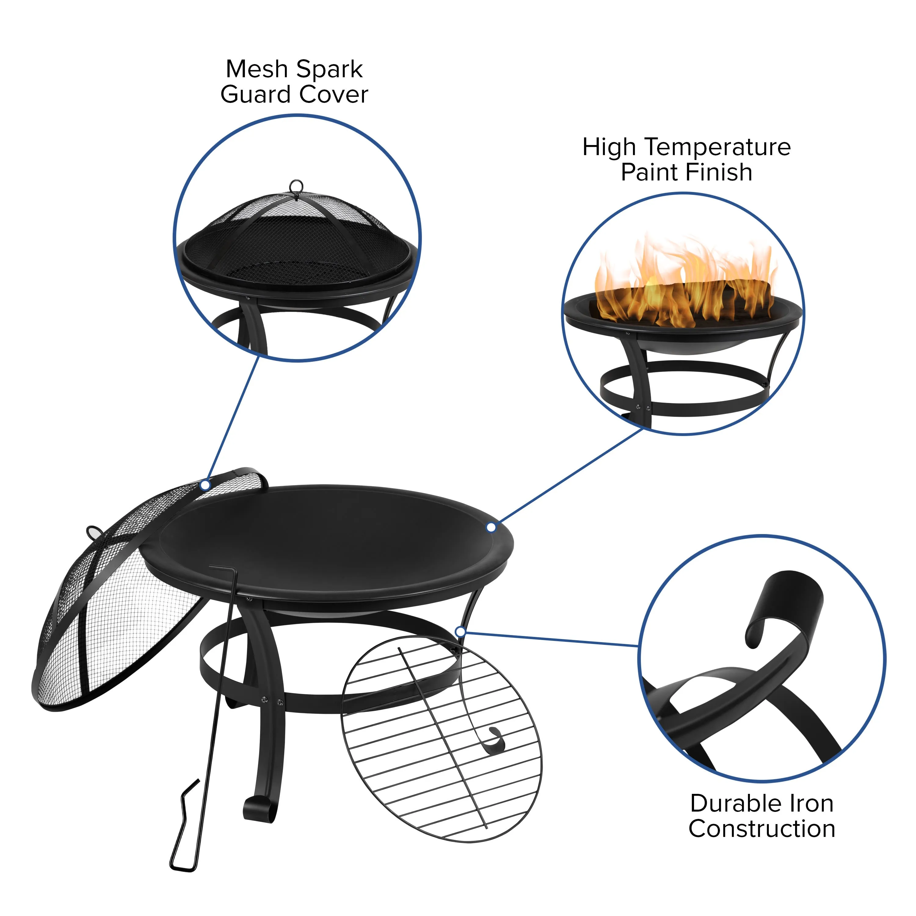 Savannah Set of 2 All-Weather Poly Resin Wood Adirondack Rocking Chairs with 22" Round Wood Burning Fire Pit