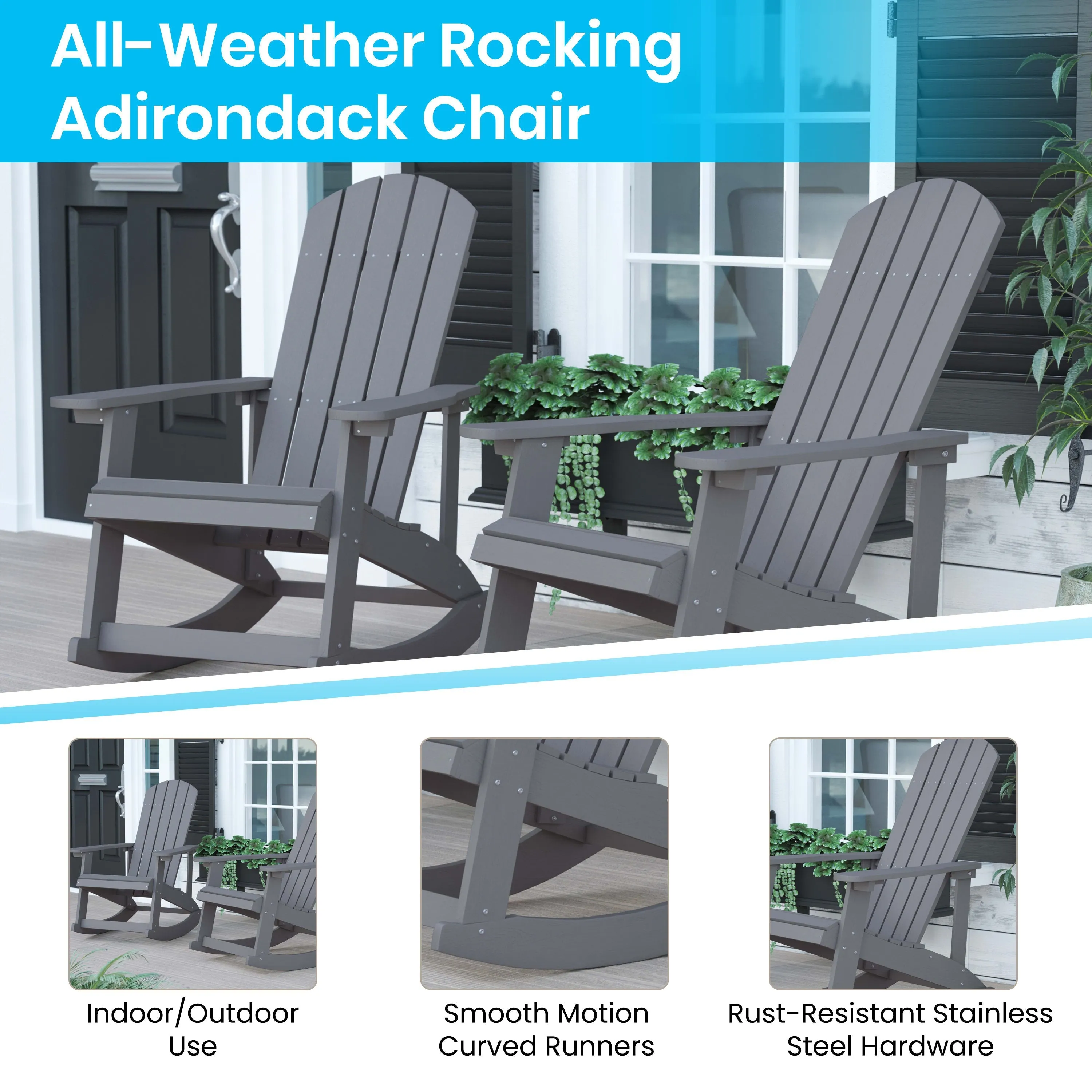 Savannah Set of 2 All-Weather Poly Resin Wood Adirondack Rocking Chairs with 22" Round Wood Burning Fire Pit