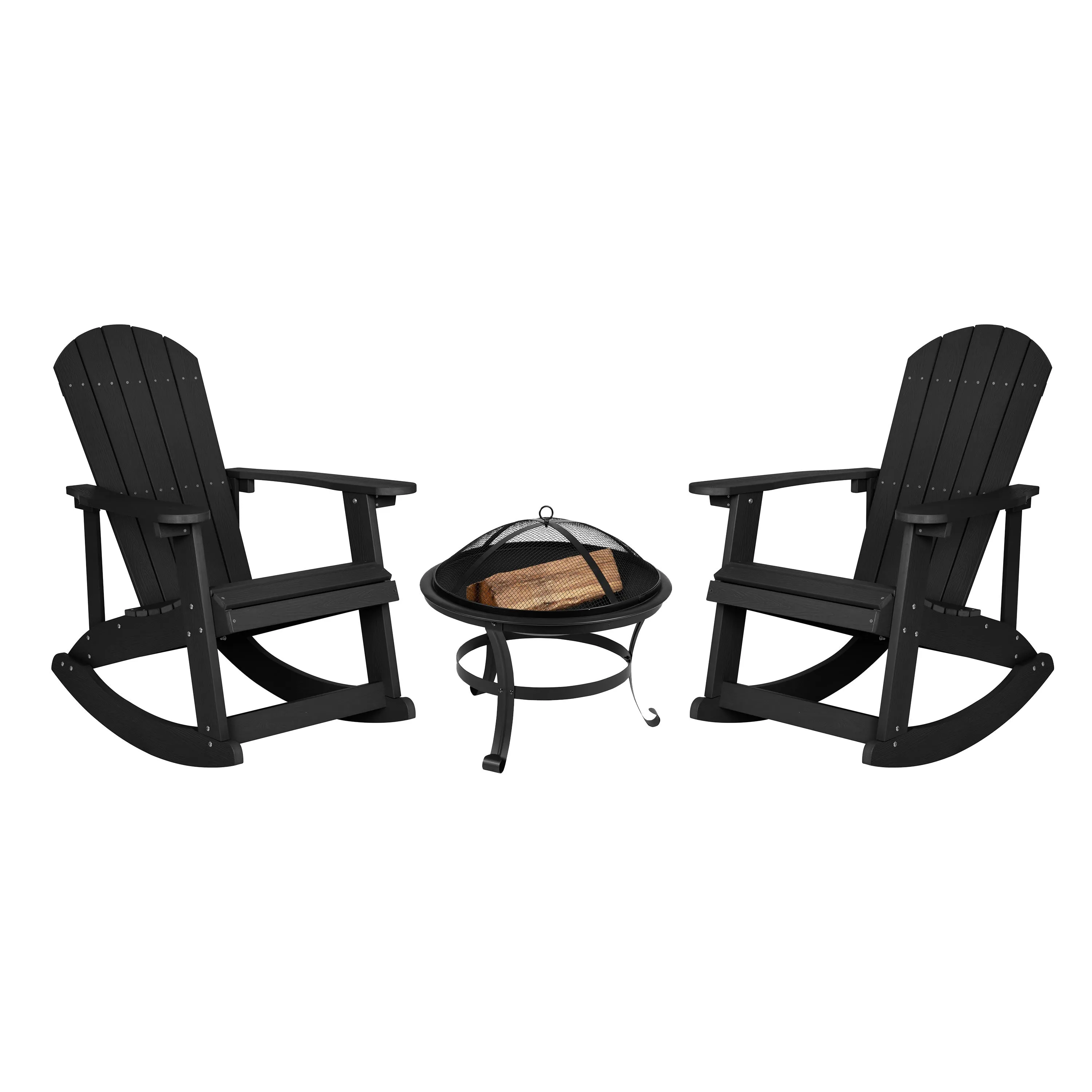 Savannah Set of 2 All-Weather Poly Resin Wood Adirondack Rocking Chairs with 22" Round Wood Burning Fire Pit