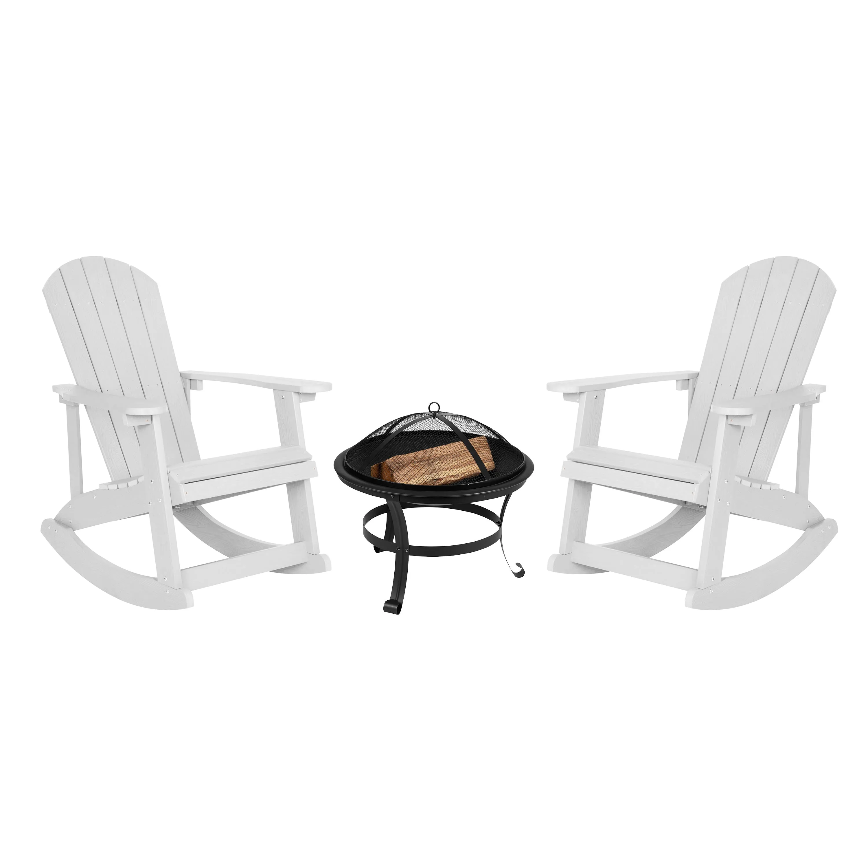 Savannah Set of 2 All-Weather Poly Resin Wood Adirondack Rocking Chairs with 22" Round Wood Burning Fire Pit