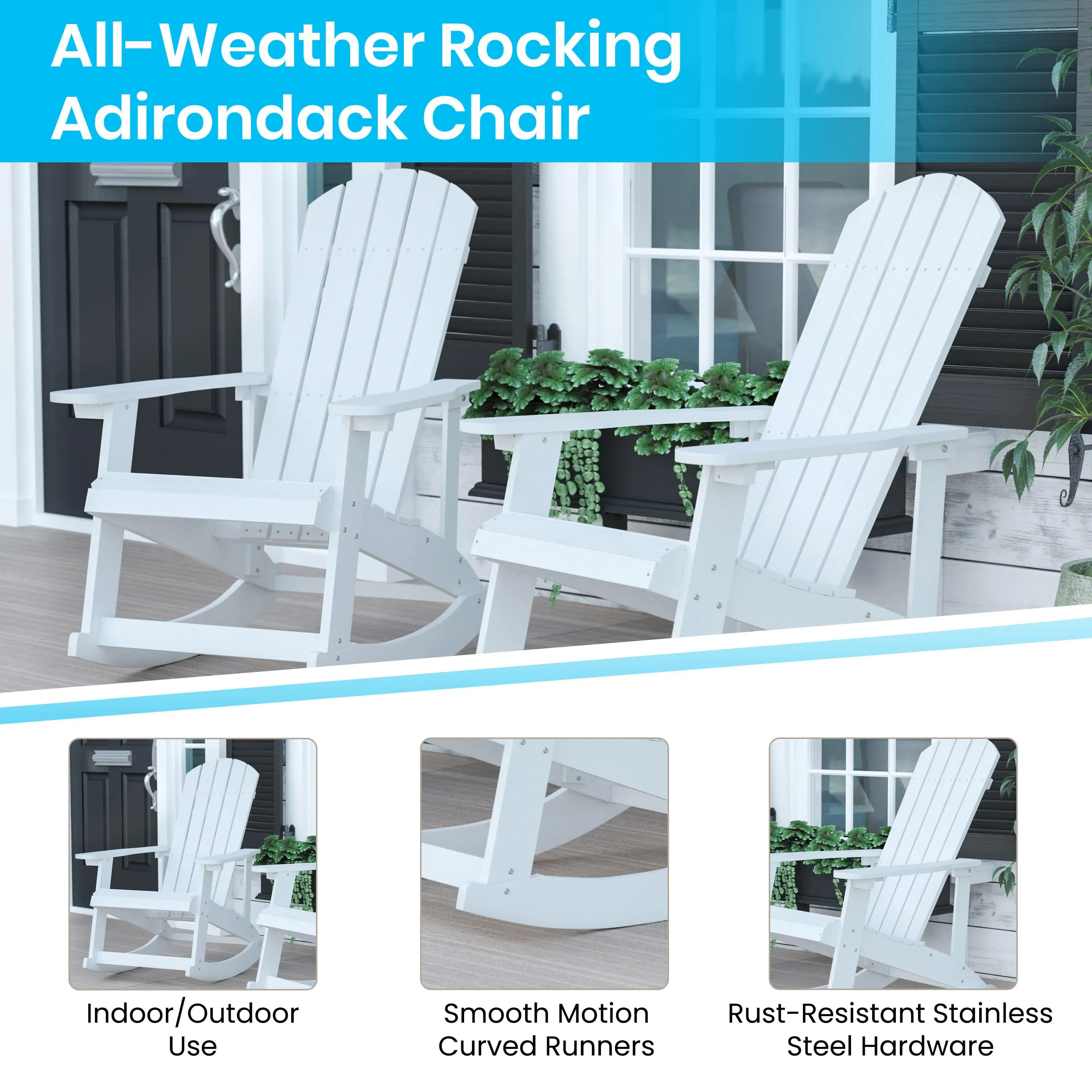 Savannah Set of 2 All-Weather Poly Resin Wood Adirondack Rocking Chairs with 22" Round Wood Burning Fire Pit