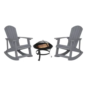 Savannah Set of 2 All-Weather Poly Resin Wood Adirondack Rocking Chairs with 22" Round Wood Burning Fire Pit