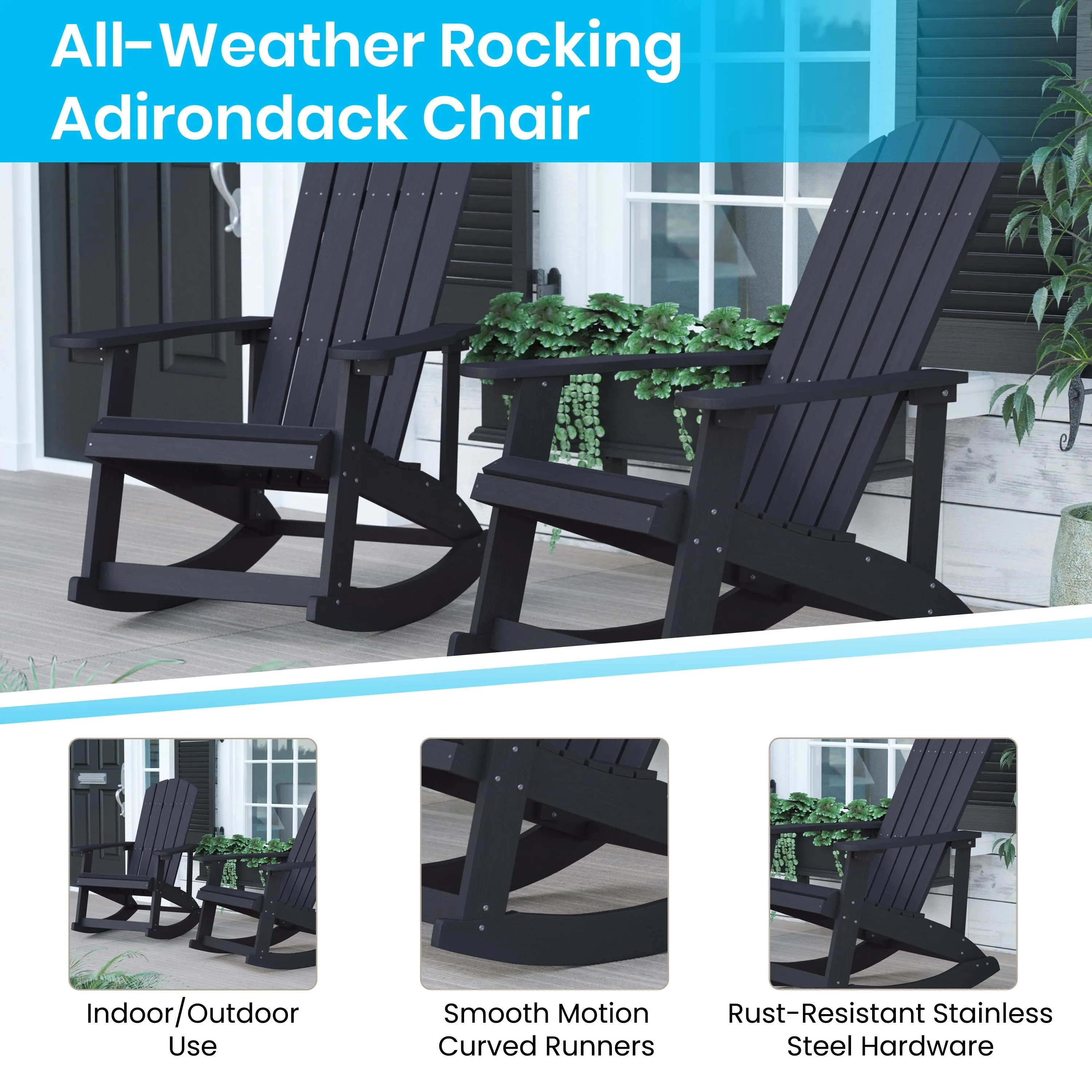 Savannah Set of 2 All-Weather Poly Resin Wood Adirondack Rocking Chairs with 22" Round Wood Burning Fire Pit