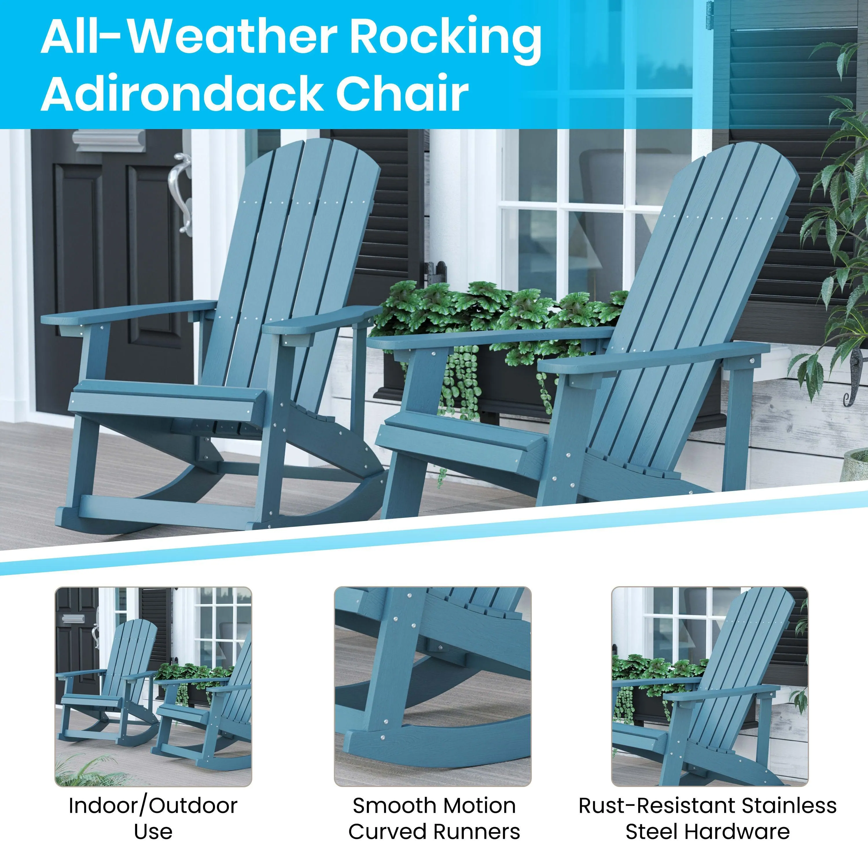 Savannah Set of 2 All-Weather Poly Resin Wood Adirondack Rocking Chairs with 22" Round Wood Burning Fire Pit