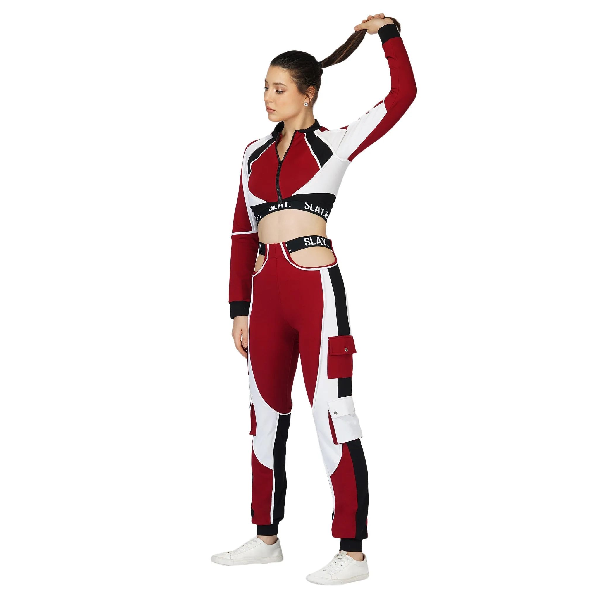 SLAY. Women's Activewear Red Black White Colorblock Crop Jacket Streetwear