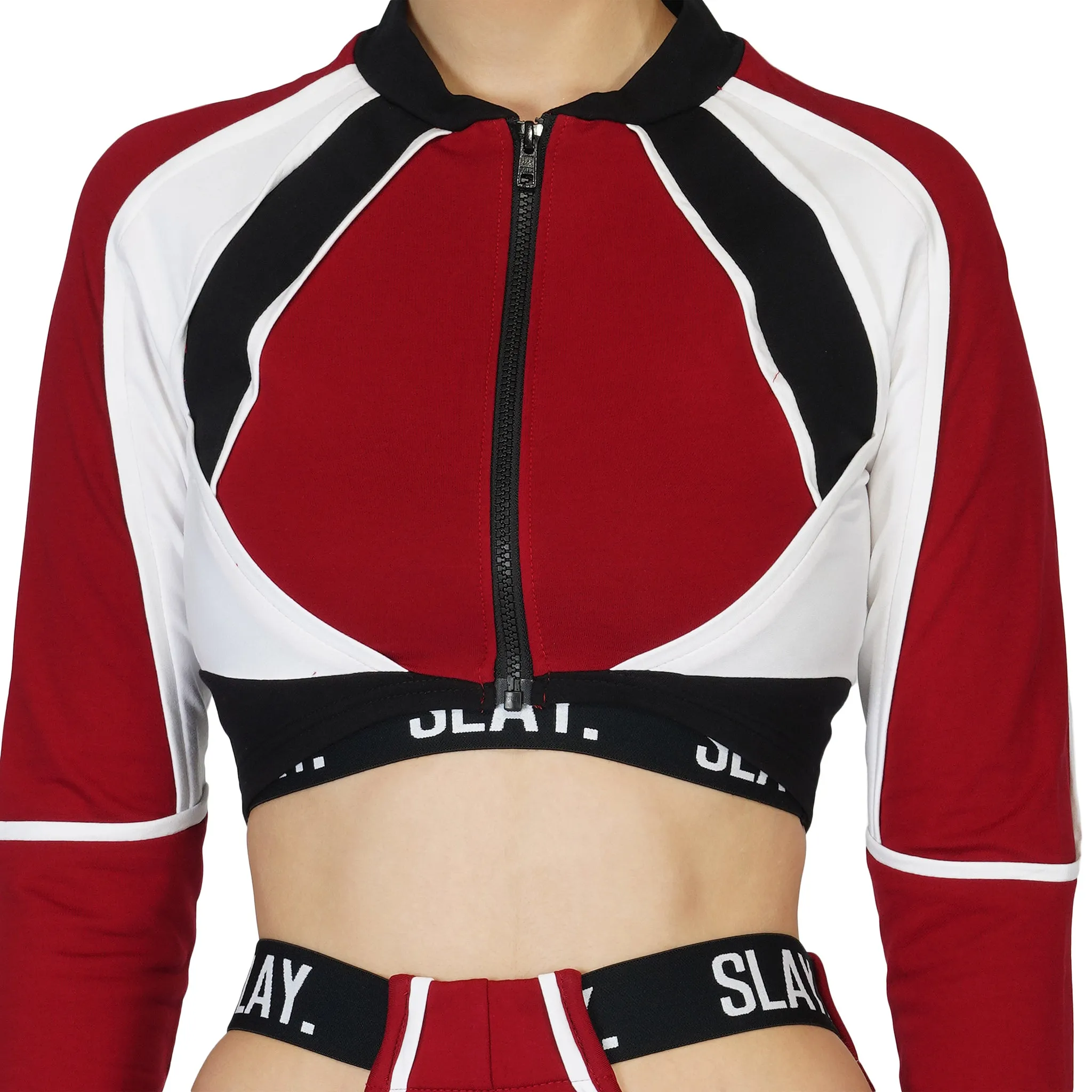 SLAY. Women's Activewear Red Black White Colorblock Crop Jacket Streetwear