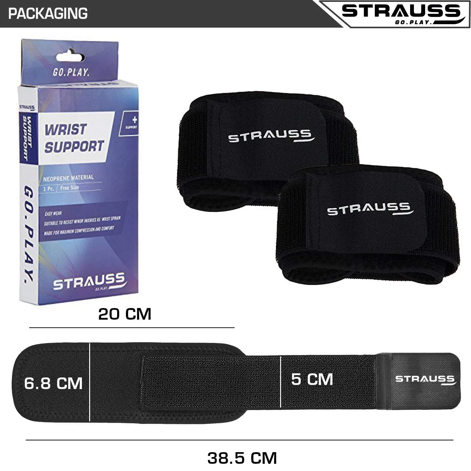 STRAUSS Wrist Support for Gym, Home Exercise, Tennis, Golf & other Sports | Adjustable & Breathable with Powerful Velcro & Soft Material, Pair (Black)