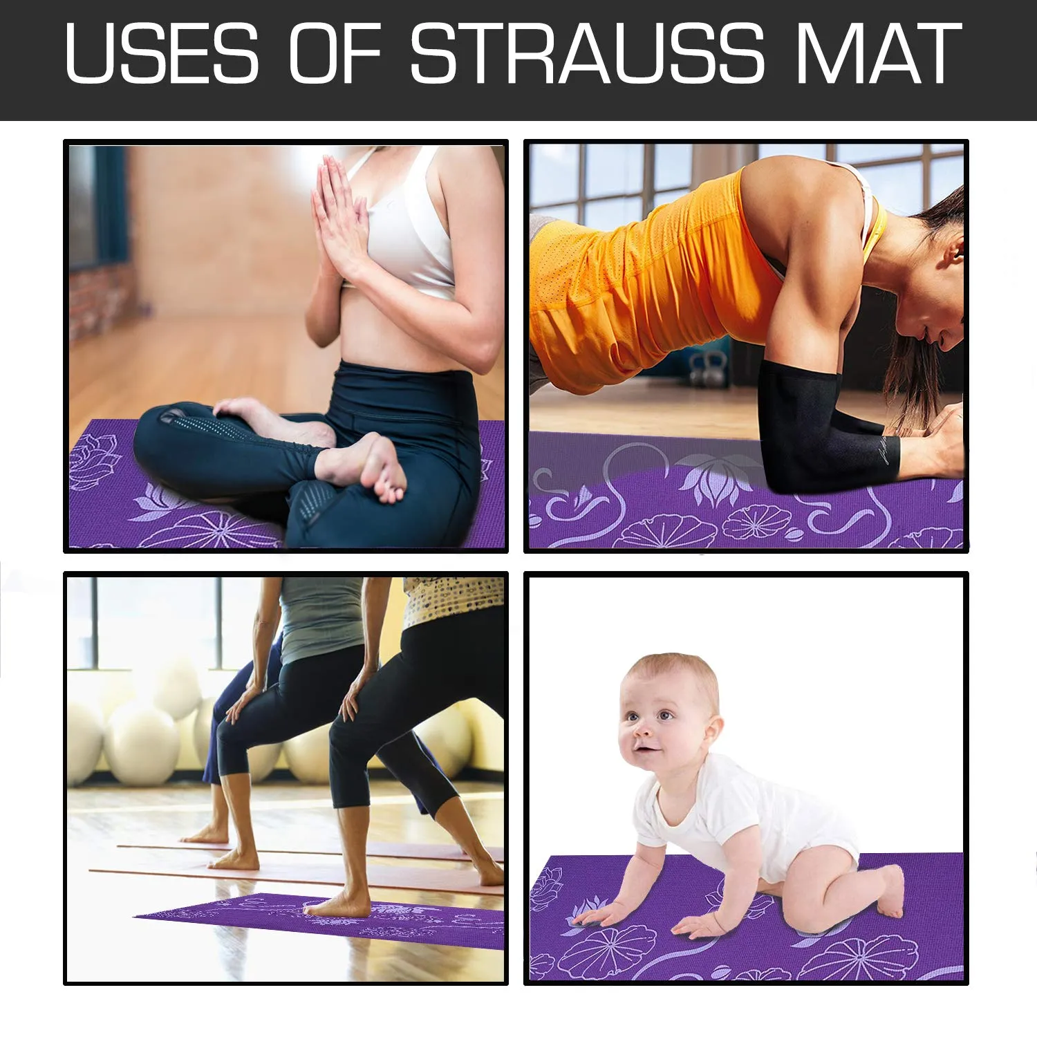 Strauss Yoga Mat 6MM (Floral Green) and Yoga Mat Strap, (Purple)