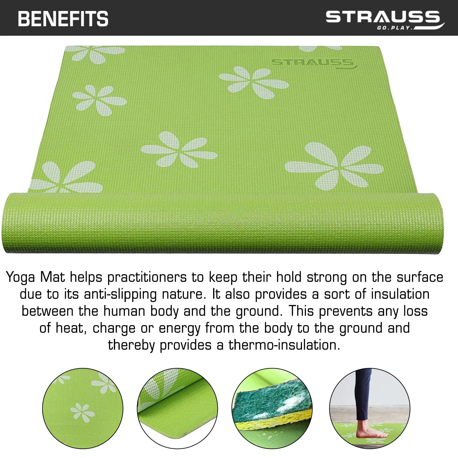 Strauss Yoga Mat Floral, 6 mm (Green)