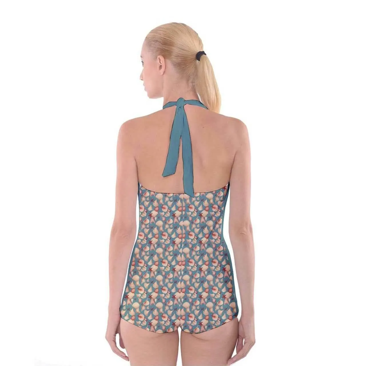 Vintage Seashell Boyleg Halter Swimsuit