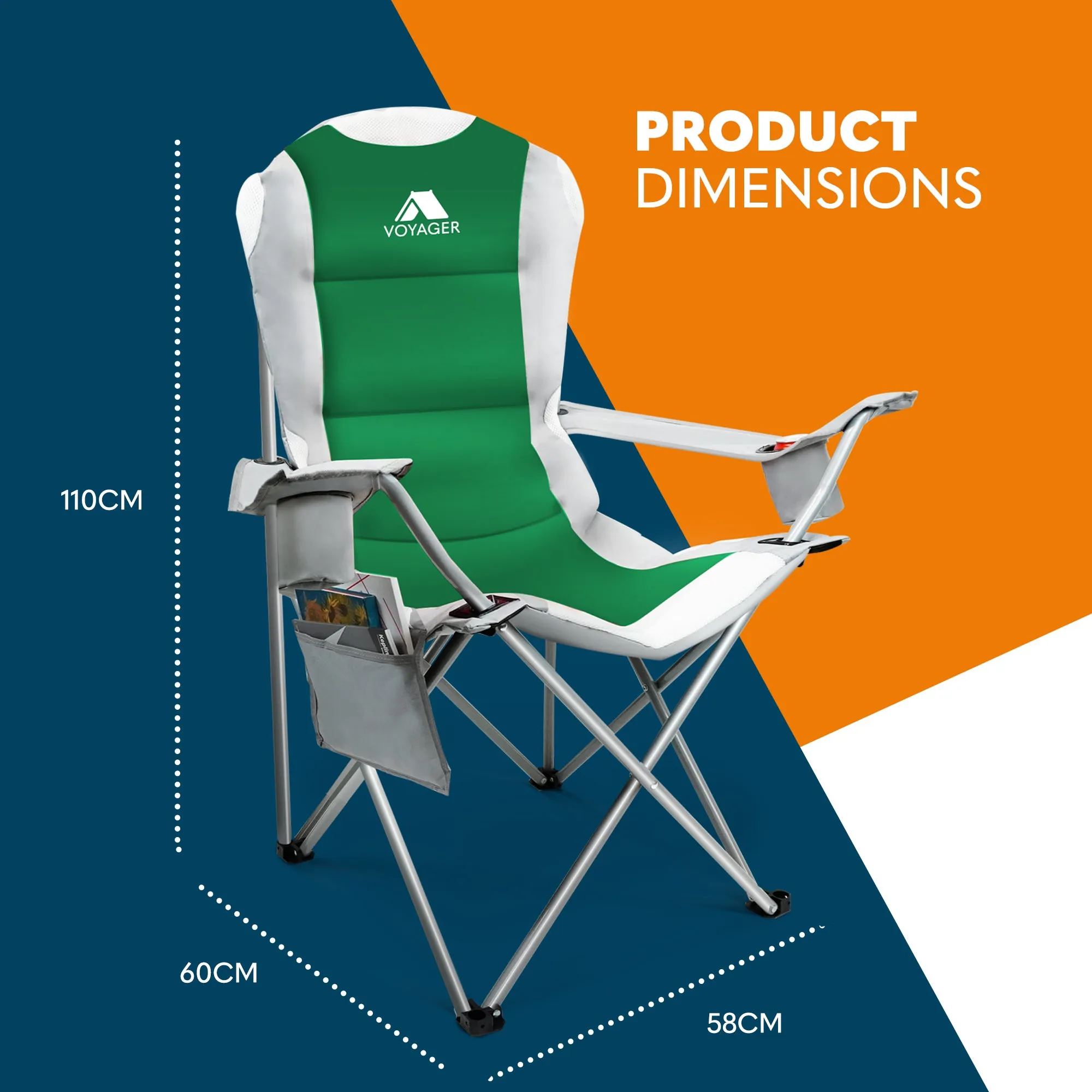 Voyager 2 Pack Padded Camping Chairs - with Cup Holder and Side Pockets