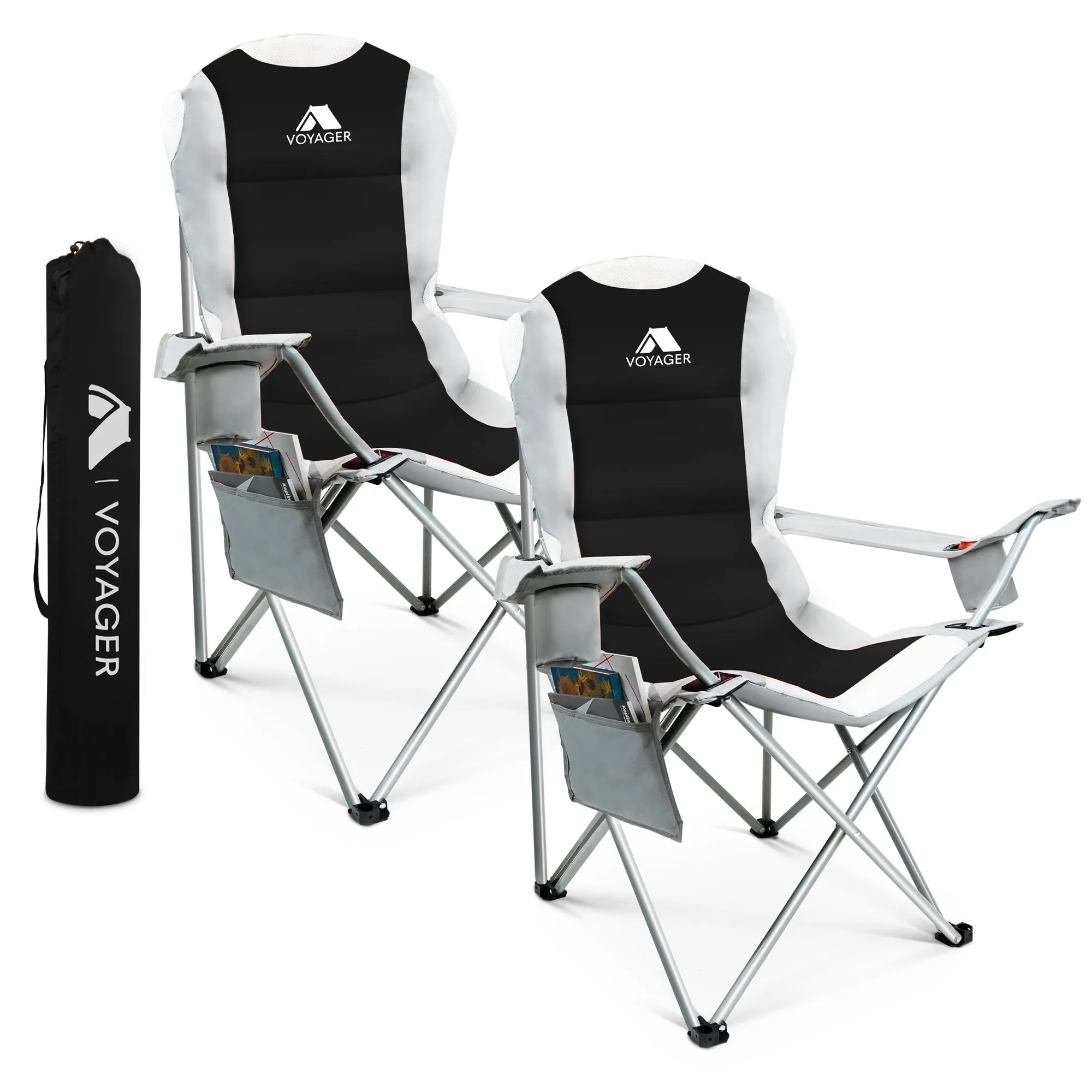 Voyager 2 Pack Padded Camping Chairs - with Cup Holder and Side Pockets